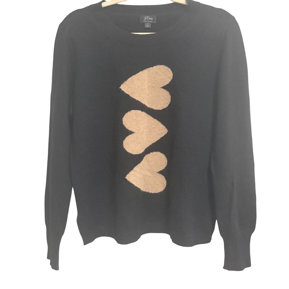 J.Crew Triple Heart Cashmere Sweater Black Pullover Intarsia Knit Medium